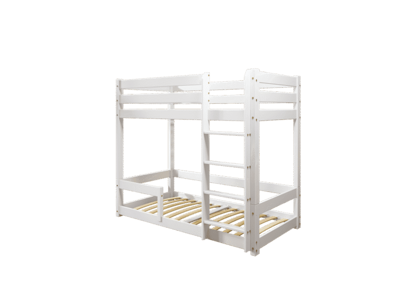 EDDIE drewniane łóżko piętrowe z poziomymi barierkami na niskich nogach