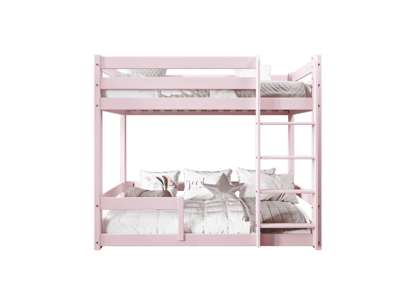 EDDIE drewniane łóżko piętrowe z poziomymi barierkami na niskich nogach