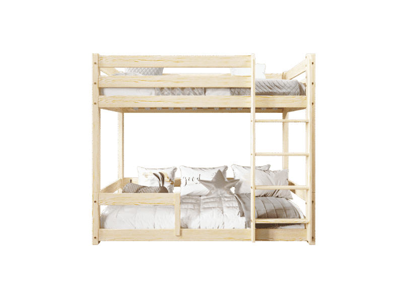 EDDIE drewniane łóżko piętrowe z poziomymi barierkami na niskich nogach