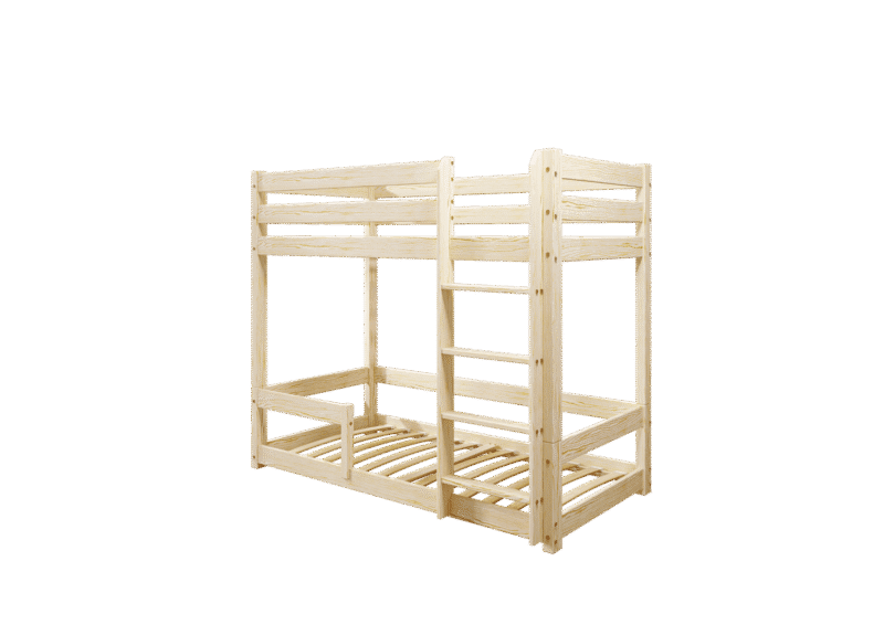 EDDIE drewniane łóżko piętrowe z poziomymi barierkami na niskich nogach