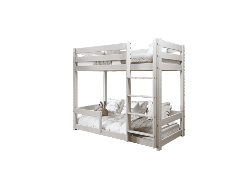 EDDIE drewniane łóżko piętrowe z poziomymi barierkami na niskich nogach
