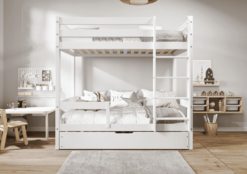 EDDIE drewniane łóżko piętrowe z poziomymi barierkami i szufladą na pościel