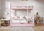 EDDIE drewniane łóżko piętrowe z poziomymi barierkami i szufladą na pościel