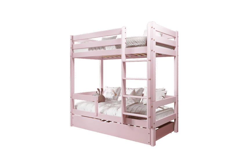 EDDIE drewniane łóżko piętrowe z poziomymi barierkami i szufladą na pościel