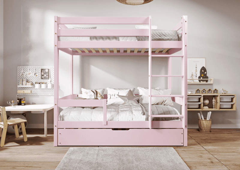 EDDIE drewniane łóżko piętrowe z poziomymi barierkami i szufladą na pościel