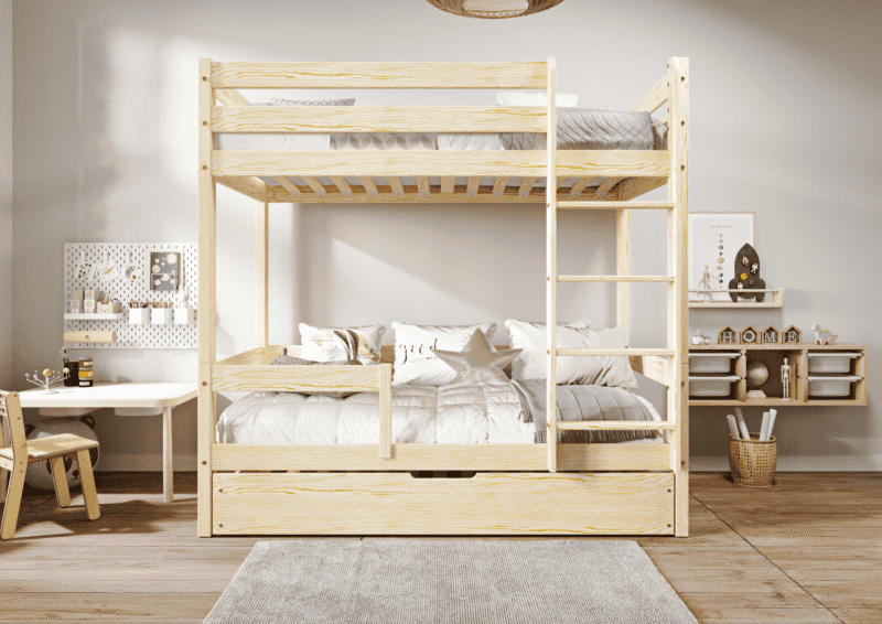 EDDIE drewniane łóżko piętrowe z poziomymi barierkami i szufladą na pościel