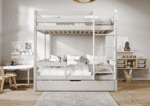 EDDIE drewniane łóżko piętrowe z poziomymi barierkami i szufladą na pościel