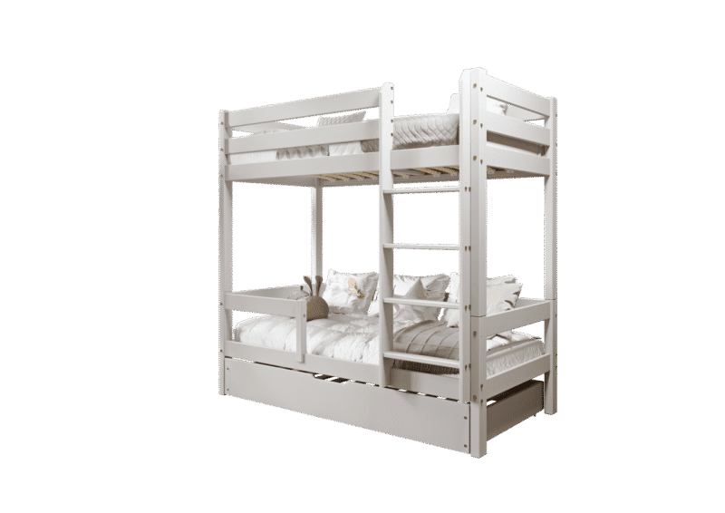 EDDIE drewniane łóżko piętrowe z poziomymi barierkami i szufladą na pościel