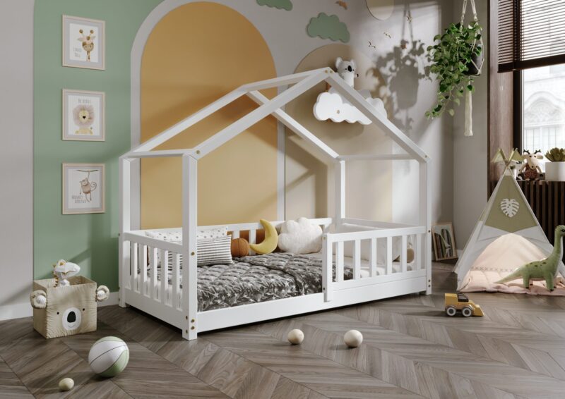 DORMIO  drewniane łóżko dziecięce domek z prostokątnymi szczebelkami niskie