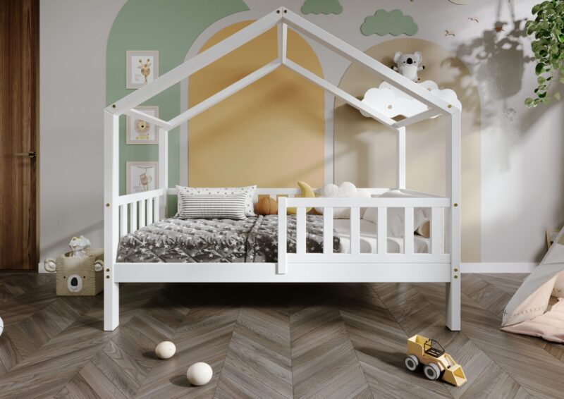 DORMIO  drewniane łóżko dziecięce domek z prostokątnymi szczebelkami wysokie