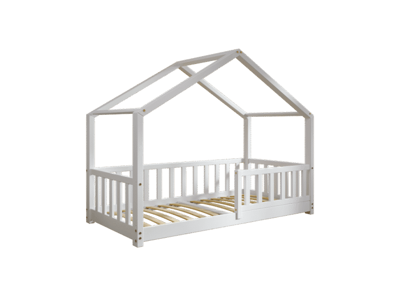 DORMIO  drewniane łóżko dziecięce domek z prostokątnymi szczebelkami niskie