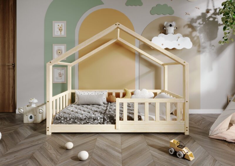 DORMIO  drewniane łóżko dziecięce domek z prostokątnymi szczebelkami niskie
