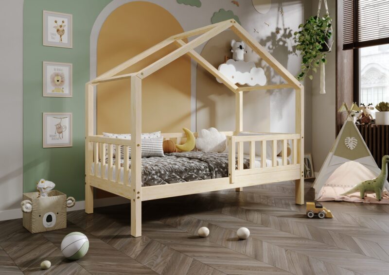 DORMIO  drewniane łóżko dziecięce domek z prostokątnymi szczebelkami wysokie