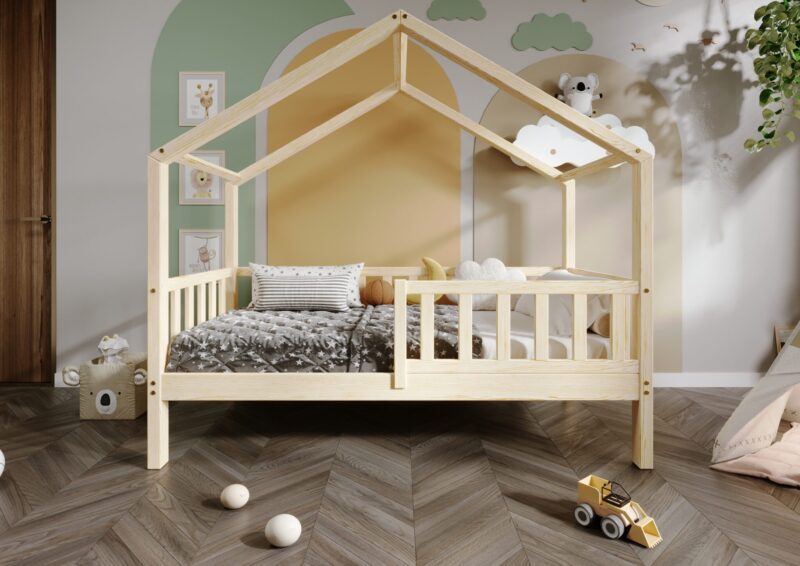 DORMIO  drewniane łóżko dziecięce domek z prostokątnymi szczebelkami wysokie