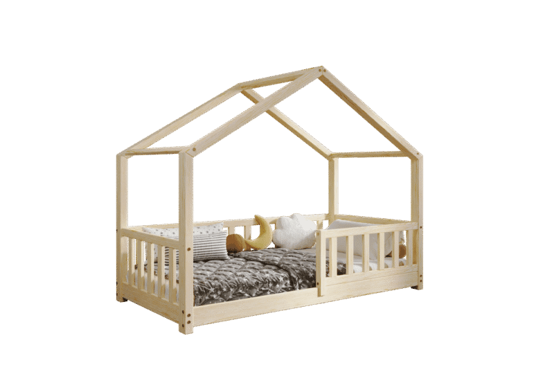 DORMIO  drewniane łóżko dziecięce domek z prostokątnymi szczebelkami niskie