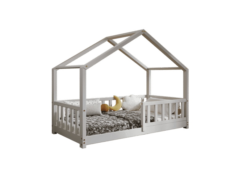 DORMIO  drewniane łóżko dziecięce domek z prostokątnymi szczebelkami niskie