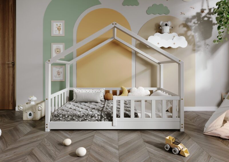DORMIO  drewniane łóżko dziecięce domek z prostokątnymi szczebelkami niskie