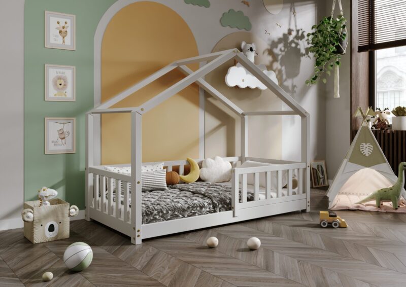 DORMIO  drewniane łóżko dziecięce domek z prostokątnymi szczebelkami niskie