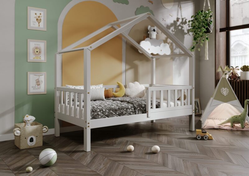 DORMIO  drewniane łóżko dziecięce domek z prostokątnymi szczebelkami wysokie