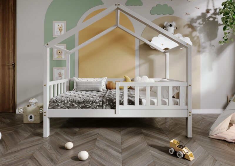 DORMIO  drewniane łóżko dziecięce domek z prostokątnymi szczebelkami wysokie