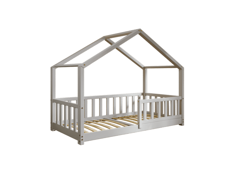 DORMIO  drewniane łóżko dziecięce domek z prostokątnymi szczebelkami niskie
