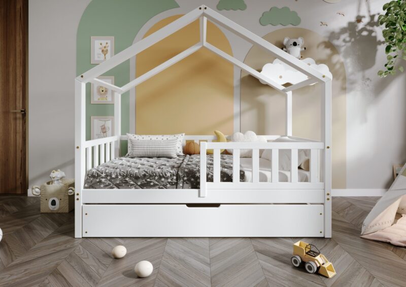 DORMIO drewniane łóżko - domek dziecięce z prostokątnymi szczebelkami i szufladą na pościel