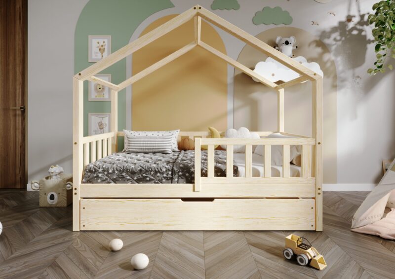 DORMIO drewniane łóżko - domek dziecięce z prostokątnymi szczebelkami i szufladą na pościel