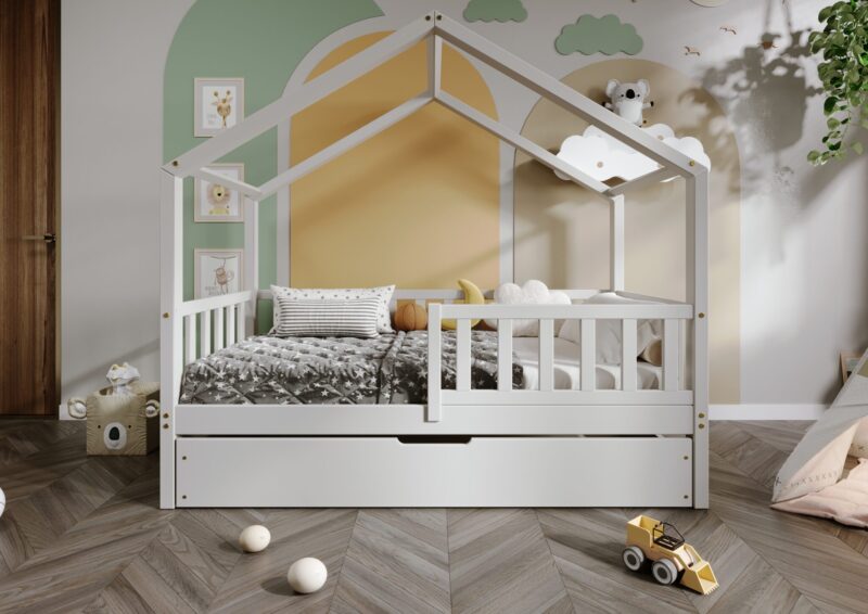 DORMIO drewniane łóżko - domek dziecięce z prostokątnymi szczebelkami i szufladą na pościel