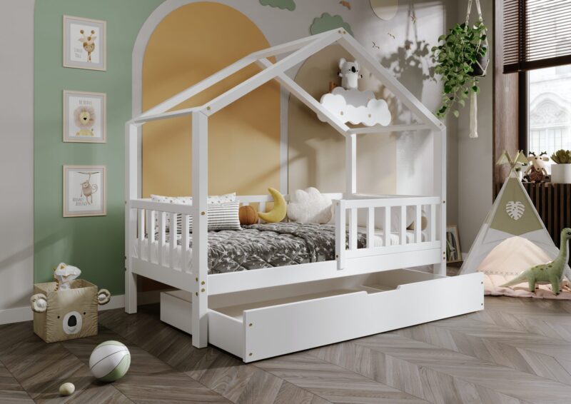 DORMIO drewniane łóżko - domek dziecięce z prostokątnymi szczebelkami i szufladą na pościel
