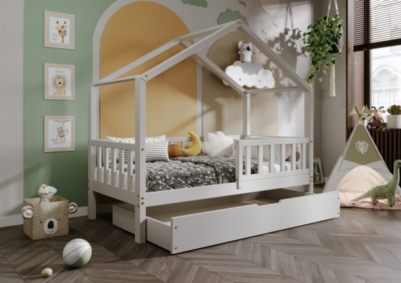 DORMIO drewniane łóżko - domek dziecięce z prostokątnymi szczebelkami i szufladą na pościel