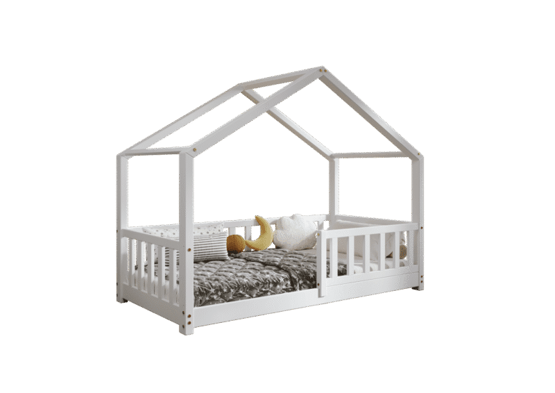 DORMIO  drewniane łóżko dziecięce domek z prostokątnymi szczebelkami niskie