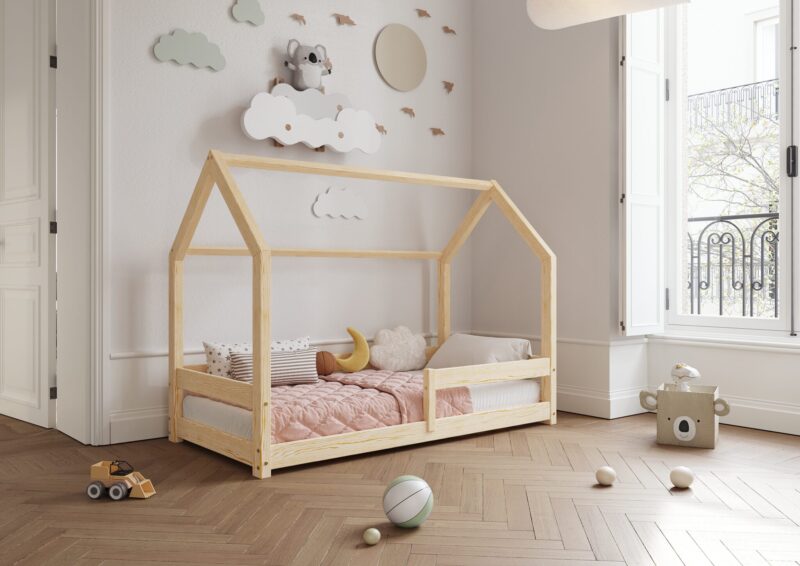 FLORENCE drewniane łóżko dziecięce klasyczne z poziomą barierką niskie