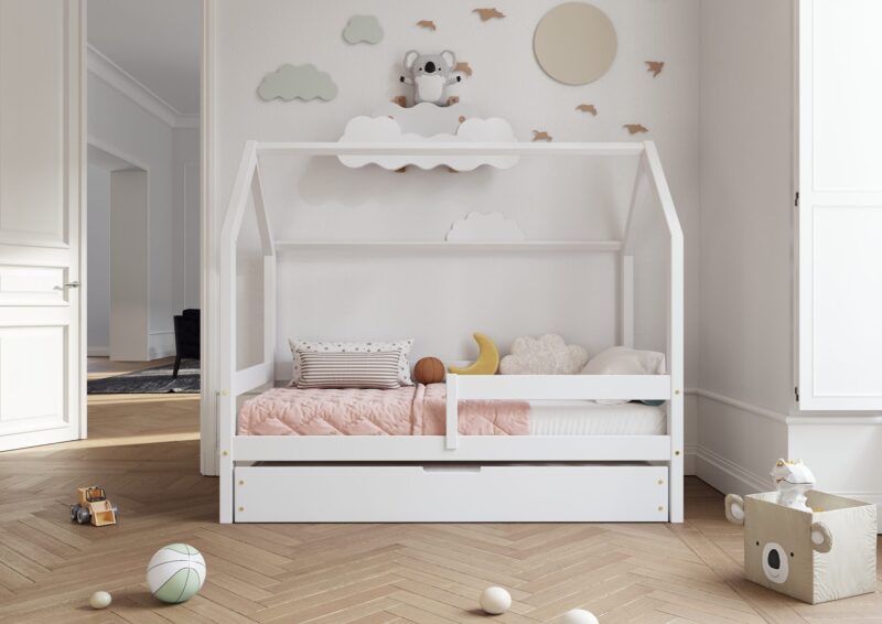 Łóżko domek Florence BOX z poziomą barierką i szufladą na pościel