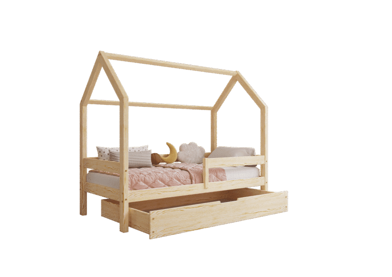 Łóżko domek Florence BOX z poziomą barierką i szufladą na pościel