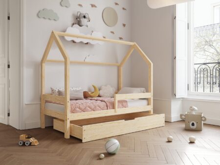 Łóżko domek Florence BOX z poziomą barierką i szufladą na pościel