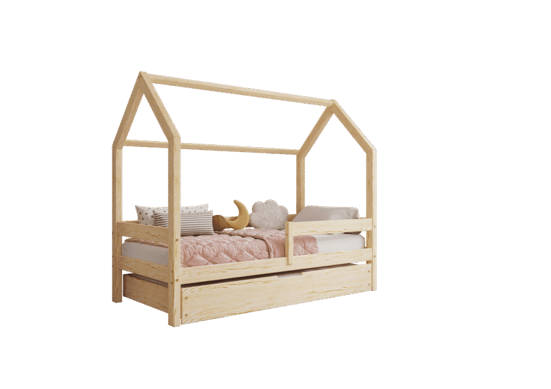 Łóżko domek Florence BOX z poziomą barierką i szufladą na pościel