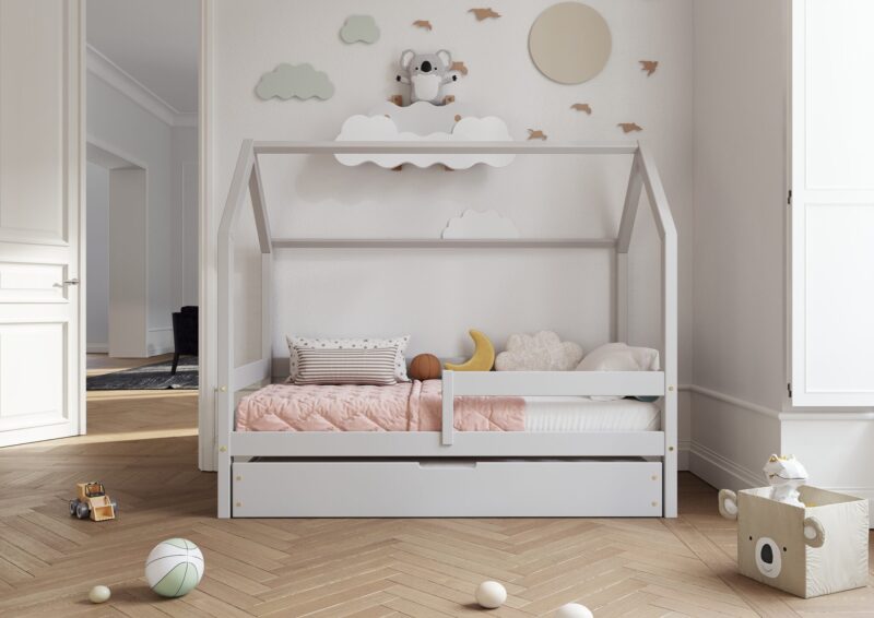 Łóżko domek Florence BOX z poziomą barierką i szufladą na pościel