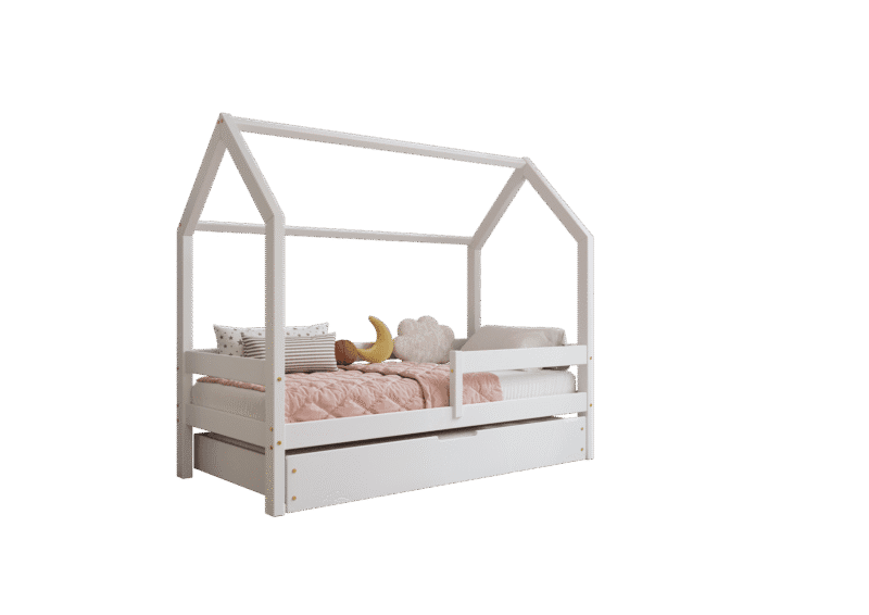 Łóżko domek Florence BOX z poziomą barierką i szufladą na pościel