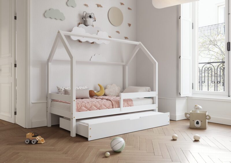 Łóżko domek FLORENCE DUO z poziomą barierką z dodatkową funkcją spania w szufladzie