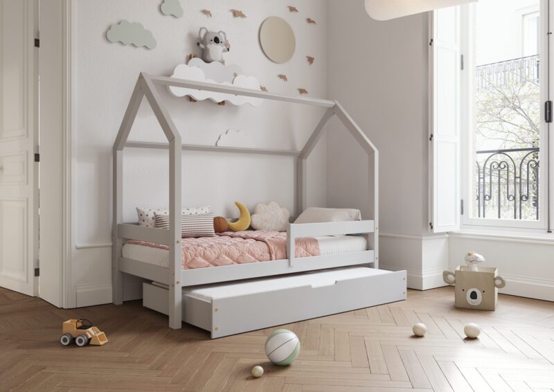 Łóżko domek FLORENCE DUO z poziomą barierką z dodatkową funkcją spania w szufladzie