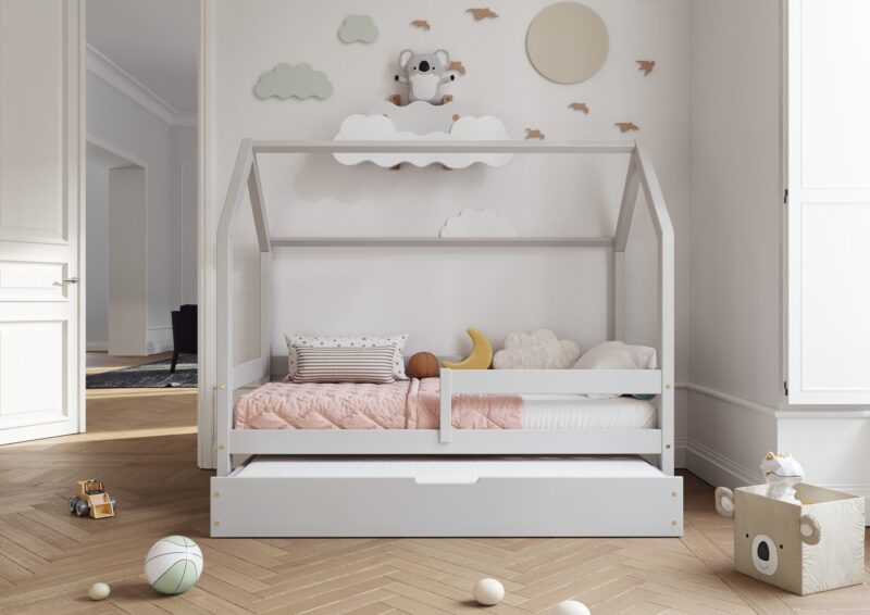 Łóżko domek FLORENCE DUO z poziomą barierką z dodatkową funkcją spania w szufladzie