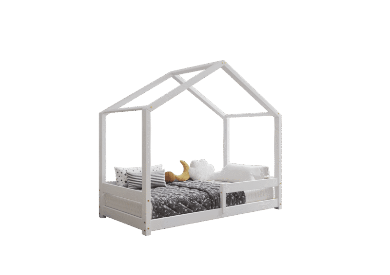 HUFFIE drewniane łóżko dziecięce domek z barierkami poziomymi niskie