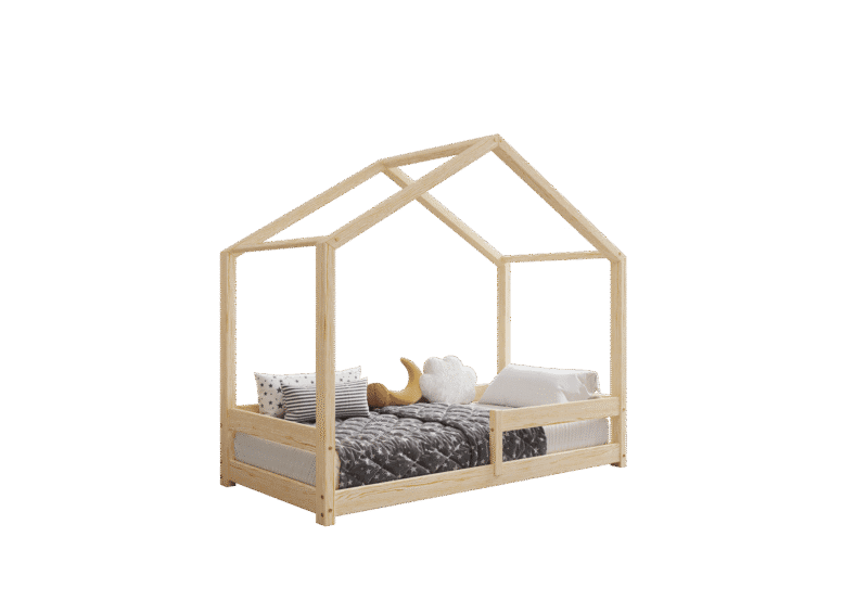 HUFFIE drewniane łóżko dziecięce domek z barierkami poziomymi niskie