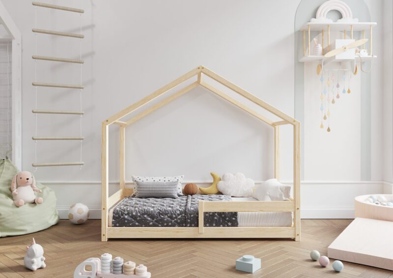 HUFFIE drewniane łóżko dziecięce domek z barierkami poziomymi niskie