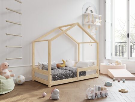 HUFFIE drewniane łóżko dziecięce domek z barierkami poziomymi niskie