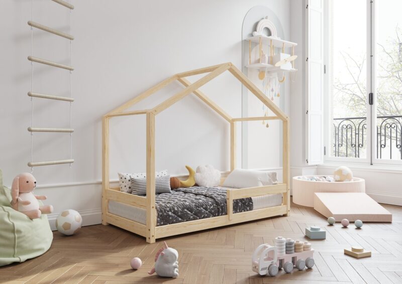 HUFFIE drewniane łóżko dziecięce domek z barierkami poziomymi niskie