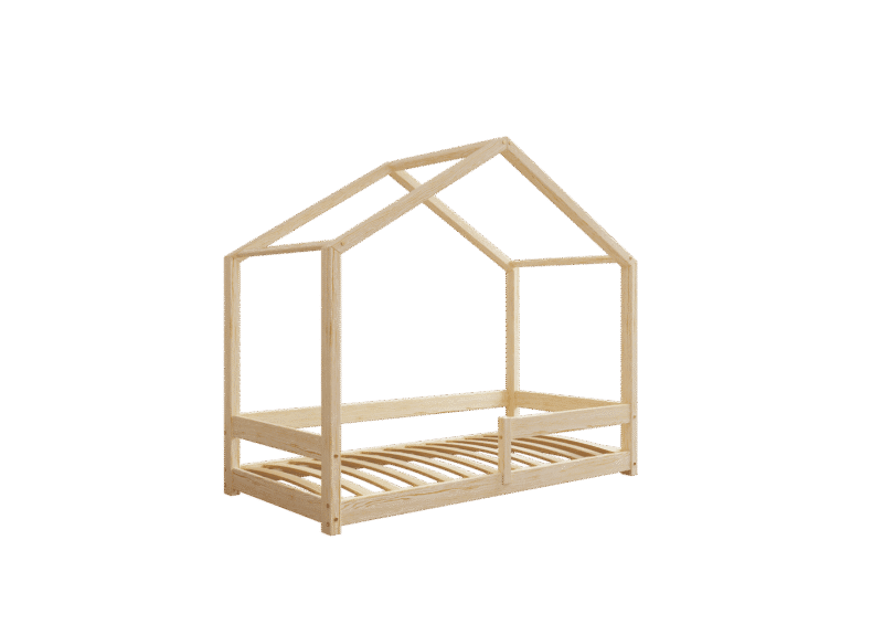 HUFFIE drewniane łóżko dziecięce domek z barierkami poziomymi niskie