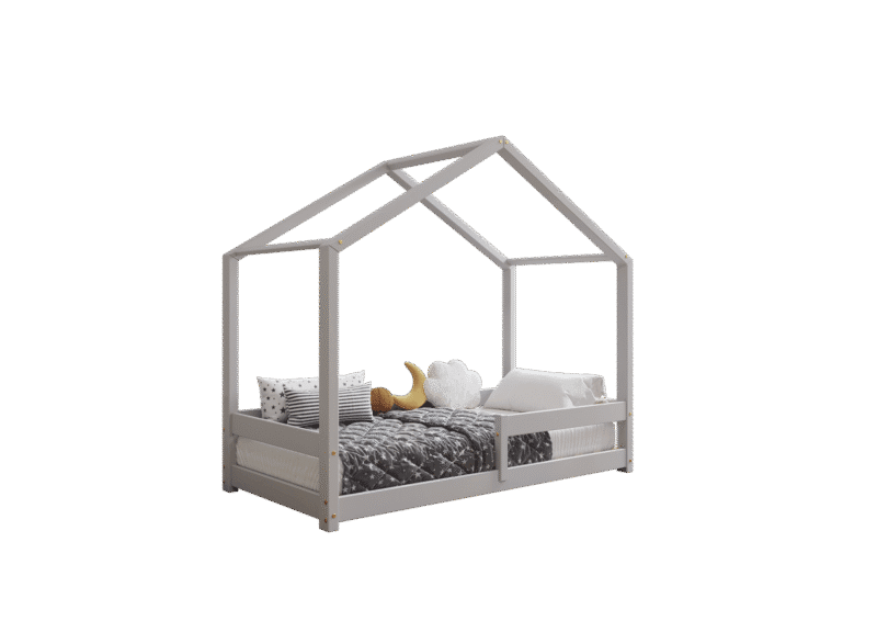 HUFFIE drewniane łóżko dziecięce domek z barierkami poziomymi niskie