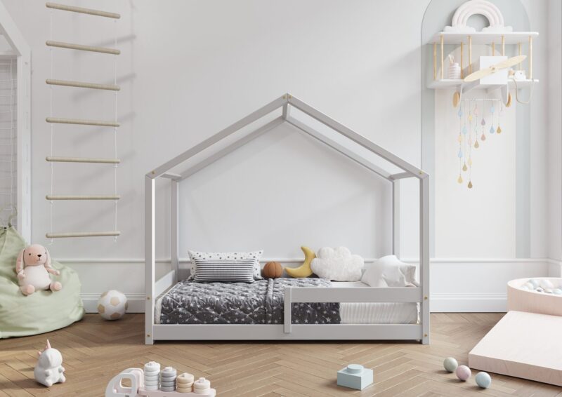 HUFFIE drewniane łóżko dziecięce domek z barierkami poziomymi niskie