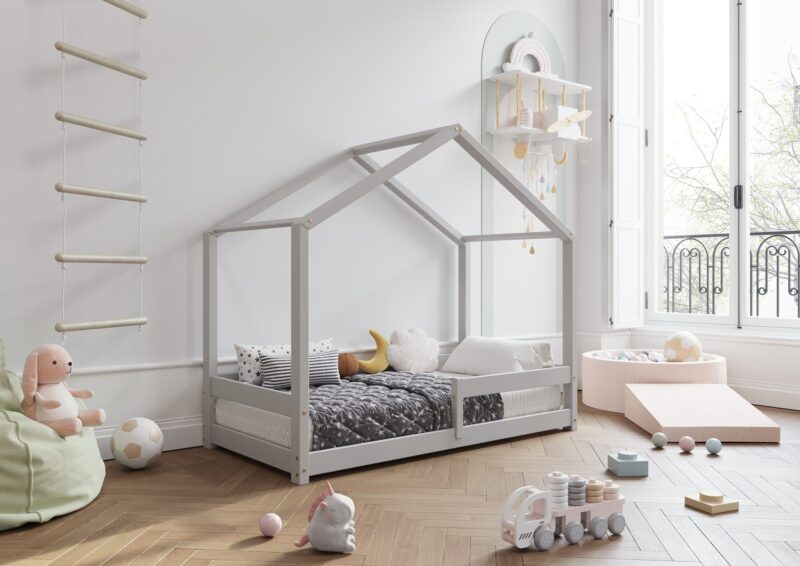 HUFFIE drewniane łóżko dziecięce domek z barierkami poziomymi niskie